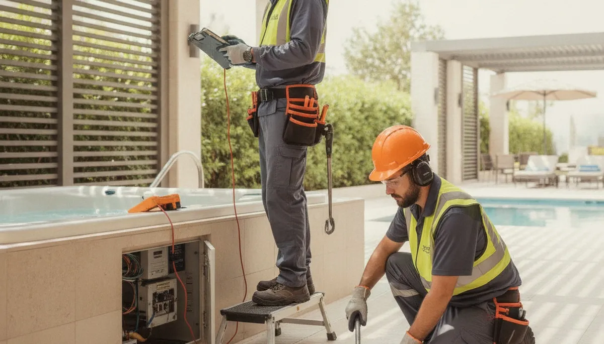 Spa repair technician servicing a home spa in Lancaster, PA for reliable heating and jet fixes