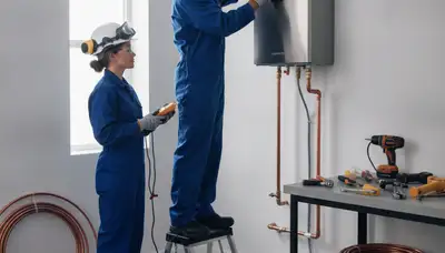 Lancaster, PA plumber installing tankless water heater for energy-efficient home hot water service